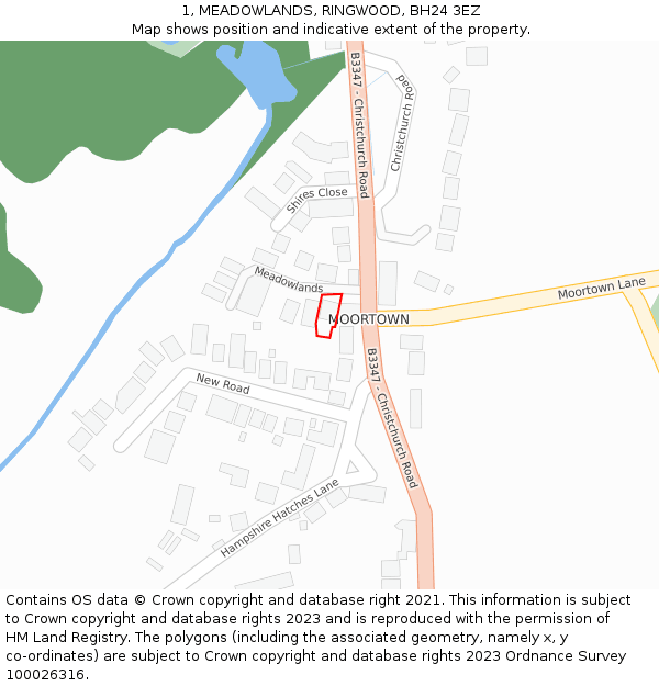 1, MEADOWLANDS, RINGWOOD, BH24 3EZ: Location map and indicative extent of plot