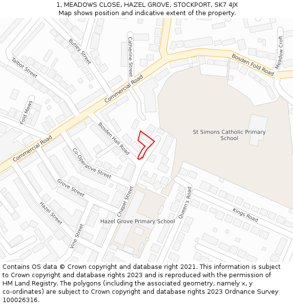 1, MEADOWS CLOSE, HAZEL GROVE, STOCKPORT, SK7 4JX: Location map and indicative extent of plot