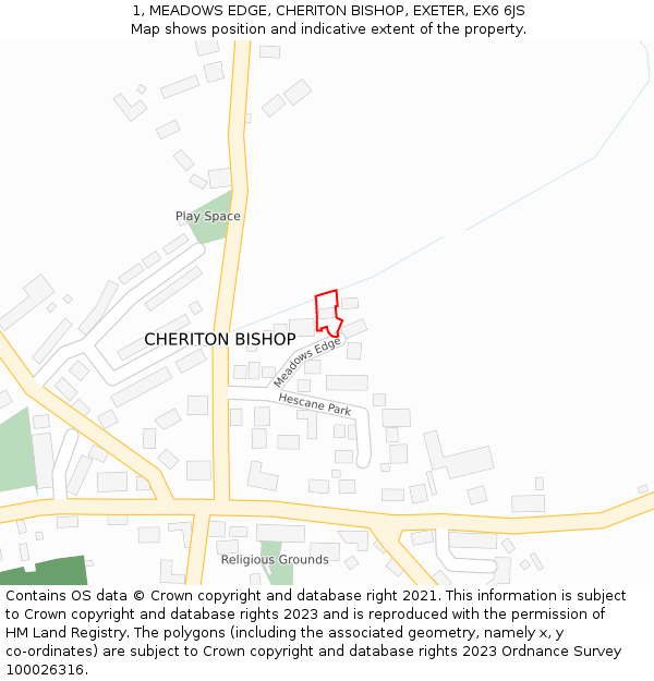 1, MEADOWS EDGE, CHERITON BISHOP, EXETER, EX6 6JS: Location map and indicative extent of plot