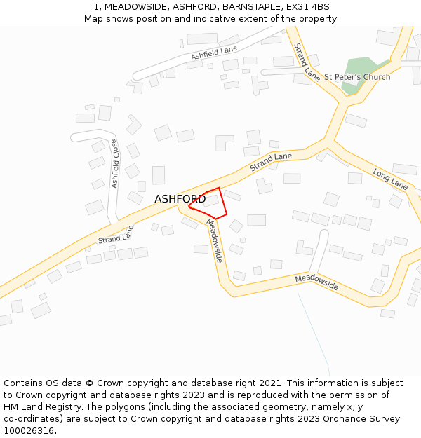 1, MEADOWSIDE, ASHFORD, BARNSTAPLE, EX31 4BS: Location map and indicative extent of plot