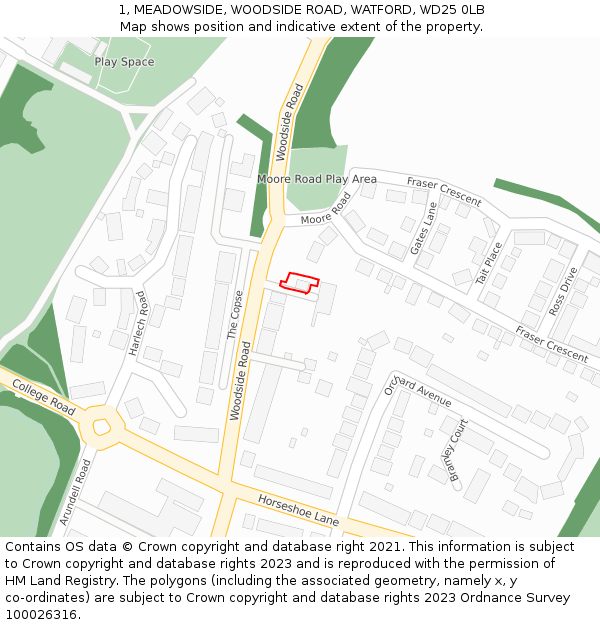 1, MEADOWSIDE, WOODSIDE ROAD, WATFORD, WD25 0LB: Location map and indicative extent of plot