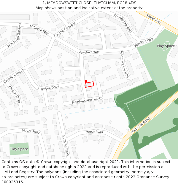 1, MEADOWSWEET CLOSE, THATCHAM, RG18 4DS: Location map and indicative extent of plot