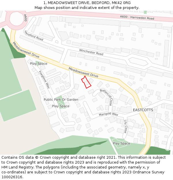 1, MEADOWSWEET DRIVE, BEDFORD, MK42 0RG: Location map and indicative extent of plot