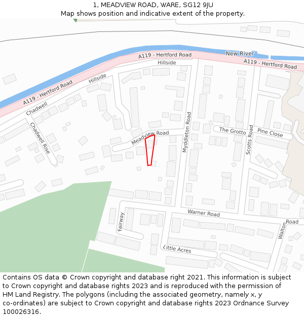 1, MEADVIEW ROAD, WARE, SG12 9JU: Location map and indicative extent of plot