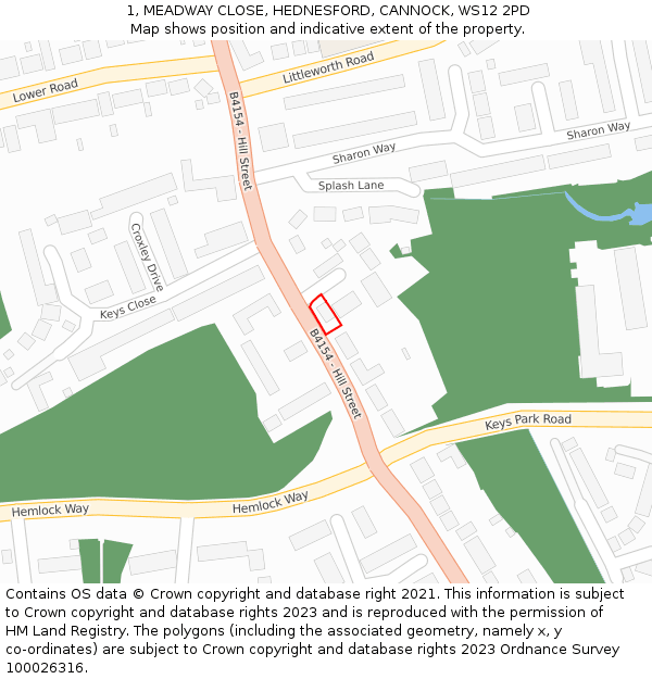 1, MEADWAY CLOSE, HEDNESFORD, CANNOCK, WS12 2PD: Location map and indicative extent of plot