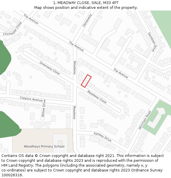 1, MEADWAY CLOSE, SALE, M33 4PT: Location map and indicative extent of plot