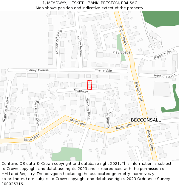 1, MEADWAY, HESKETH BANK, PRESTON, PR4 6AG: Location map and indicative extent of plot