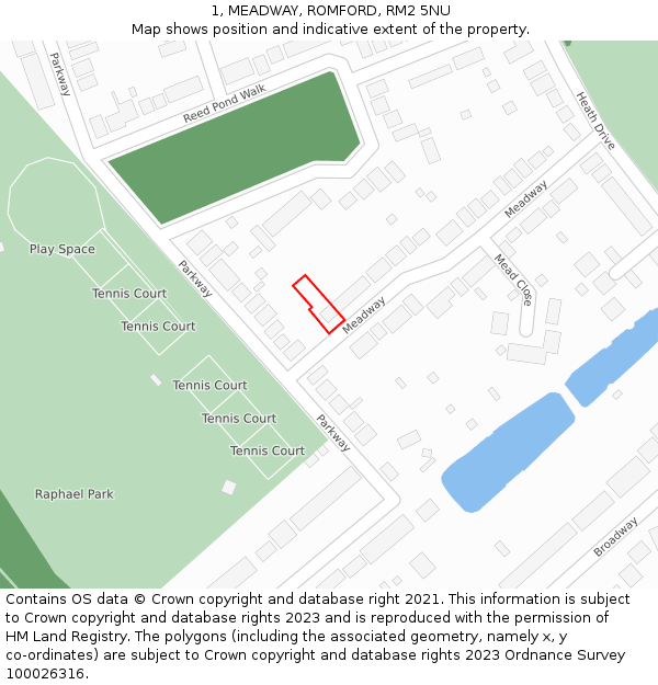 1, MEADWAY, ROMFORD, RM2 5NU: Location map and indicative extent of plot