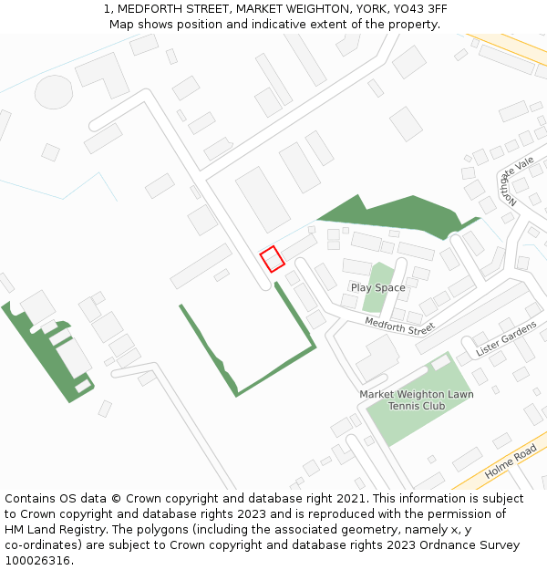 1, MEDFORTH STREET, MARKET WEIGHTON, YORK, YO43 3FF: Location map and indicative extent of plot