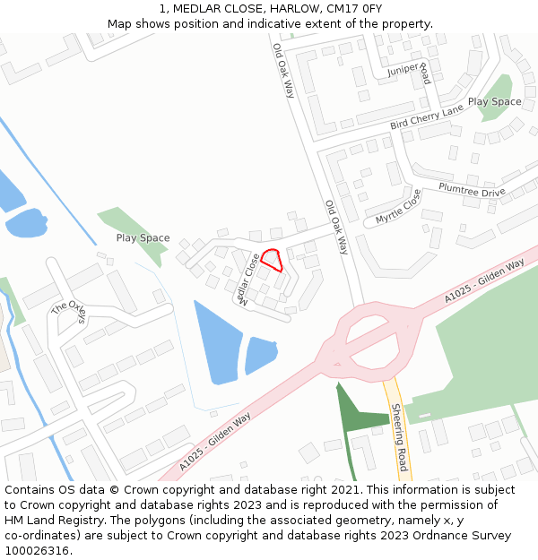 1, MEDLAR CLOSE, HARLOW, CM17 0FY: Location map and indicative extent of plot