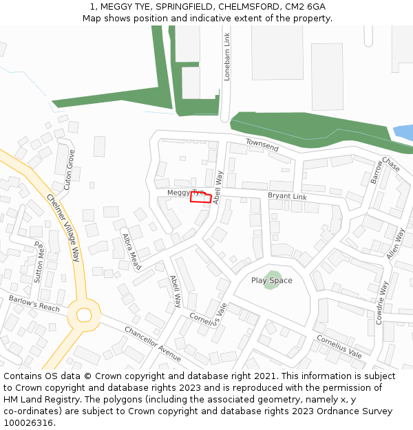 1, MEGGY TYE, SPRINGFIELD, CHELMSFORD, CM2 6GA: Location map and indicative extent of plot