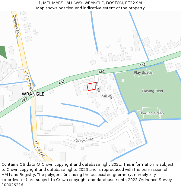 1, MEL MARSHALL WAY, WRANGLE, BOSTON, PE22 9AL: Location map and indicative extent of plot