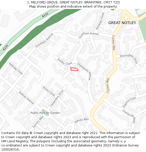 1, MELFORD GROVE, GREAT NOTLEY, BRAINTREE, CM77 7ZD: Location map and indicative extent of plot
