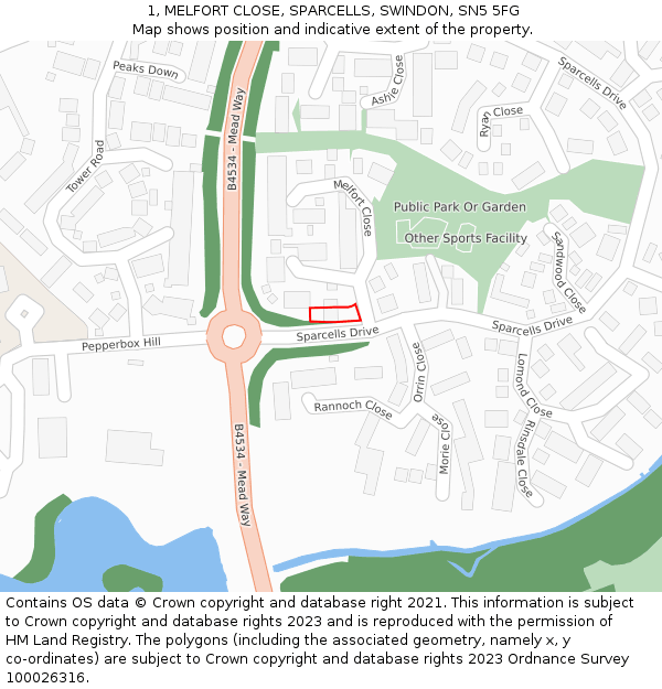 1, MELFORT CLOSE, SPARCELLS, SWINDON, SN5 5FG: Location map and indicative extent of plot