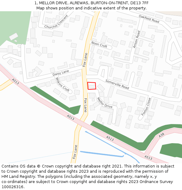 1, MELLOR DRIVE, ALREWAS, BURTON-ON-TRENT, DE13 7FF: Location map and indicative extent of plot