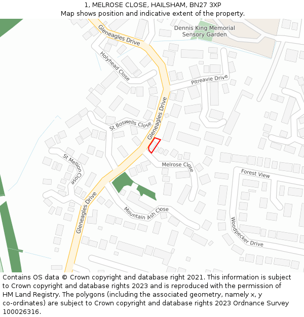 1, MELROSE CLOSE, HAILSHAM, BN27 3XP: Location map and indicative extent of plot