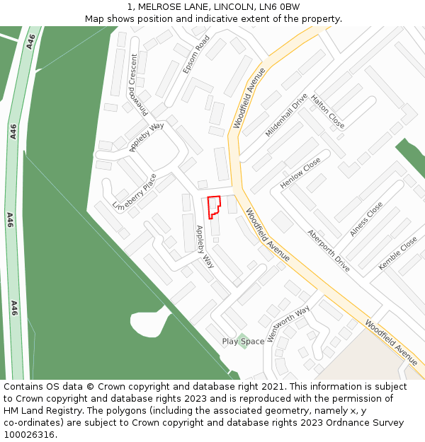 1, MELROSE LANE, LINCOLN, LN6 0BW: Location map and indicative extent of plot