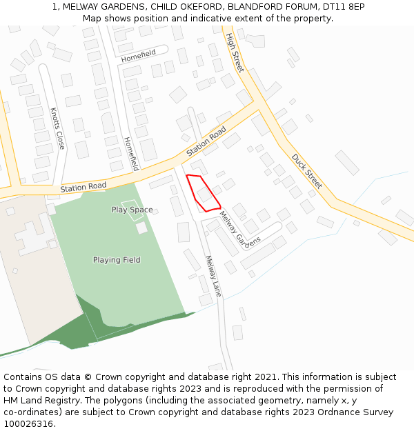 1, MELWAY GARDENS, CHILD OKEFORD, BLANDFORD FORUM, DT11 8EP: Location map and indicative extent of plot