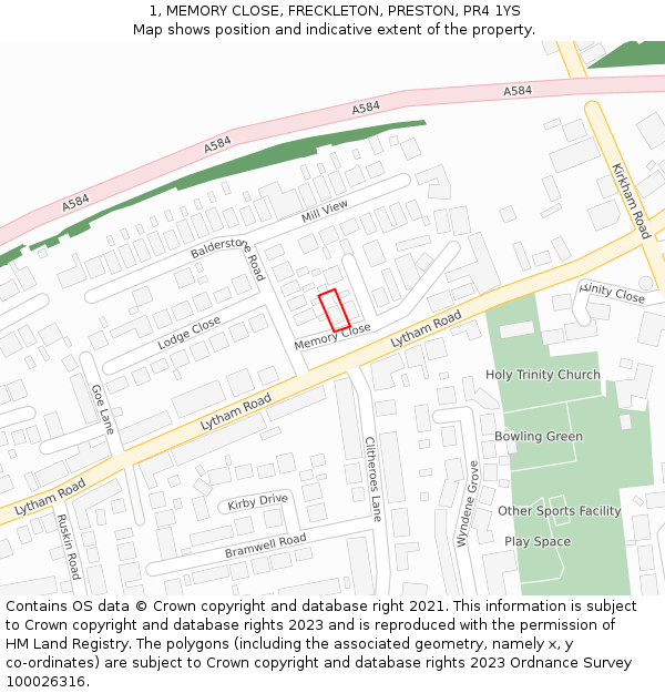 1, MEMORY CLOSE, FRECKLETON, PRESTON, PR4 1YS: Location map and indicative extent of plot