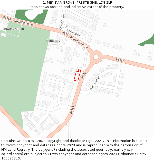 1, MENEVIA GROVE, PRESTEIGNE, LD8 2LF: Location map and indicative extent of plot