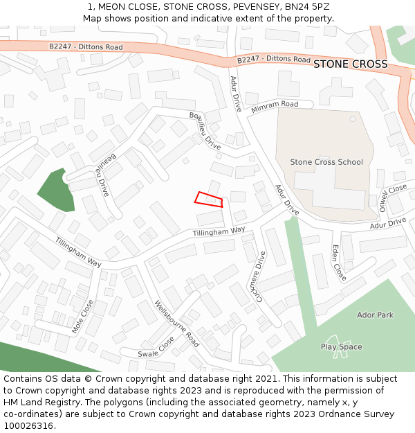 1, MEON CLOSE, STONE CROSS, PEVENSEY, BN24 5PZ: Location map and indicative extent of plot