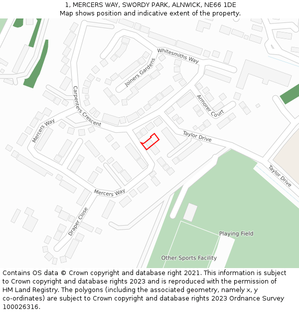 1, MERCERS WAY, SWORDY PARK, ALNWICK, NE66 1DE: Location map and indicative extent of plot