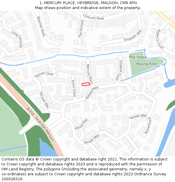 1, MERCURY PLACE, HEYBRIDGE, MALDON, CM9 4PN: Location map and indicative extent of plot