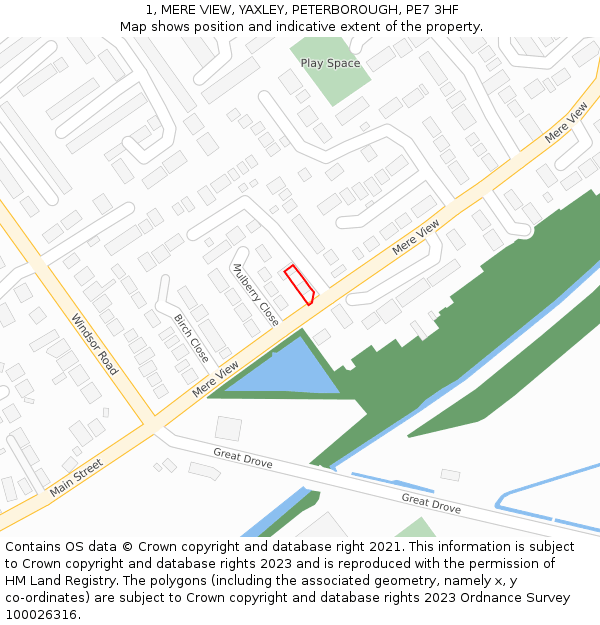 1, MERE VIEW, YAXLEY, PETERBOROUGH, PE7 3HF: Location map and indicative extent of plot