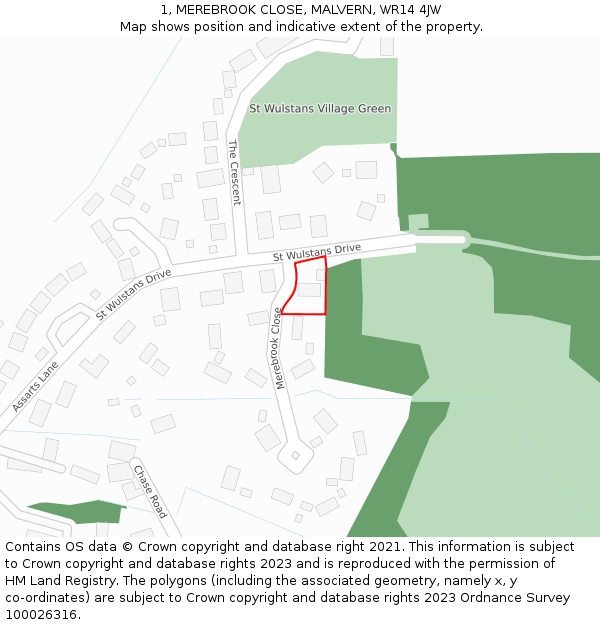 1, MEREBROOK CLOSE, MALVERN, WR14 4JW: Location map and indicative extent of plot