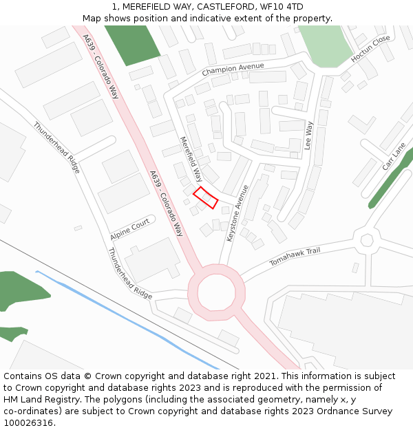 1, MEREFIELD WAY, CASTLEFORD, WF10 4TD: Location map and indicative extent of plot