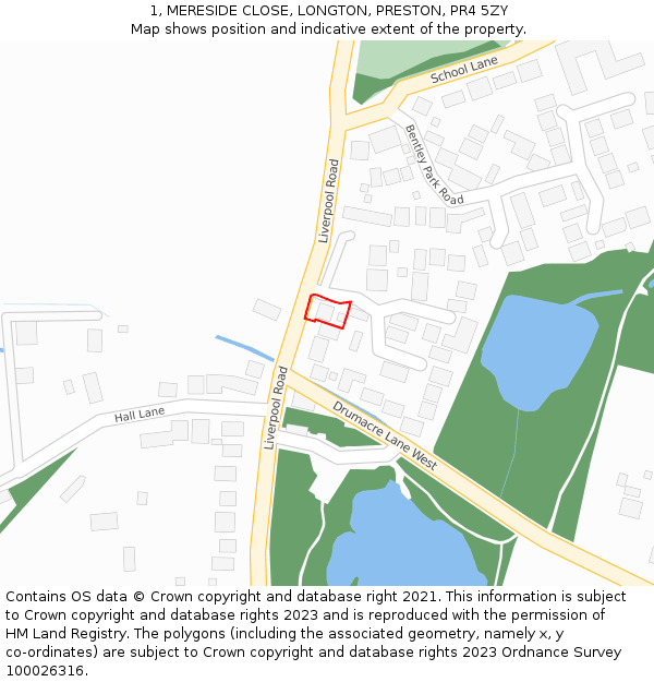 1, MERESIDE CLOSE, LONGTON, PRESTON, PR4 5ZY: Location map and indicative extent of plot