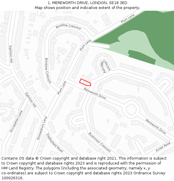 1, MEREWORTH DRIVE, LONDON, SE18 3ED: Location map and indicative extent of plot