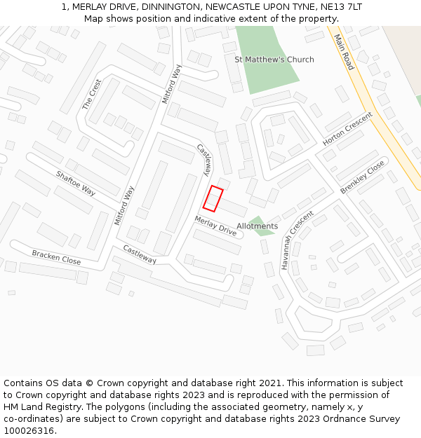1, MERLAY DRIVE, DINNINGTON, NEWCASTLE UPON TYNE, NE13 7LT: Location map and indicative extent of plot