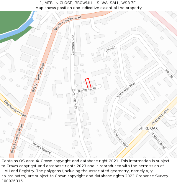 1, MERLIN CLOSE, BROWNHILLS, WALSALL, WS8 7EL: Location map and indicative extent of plot