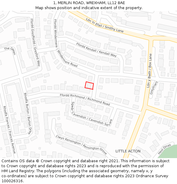 1, MERLIN ROAD, WREXHAM, LL12 8AE: Location map and indicative extent of plot