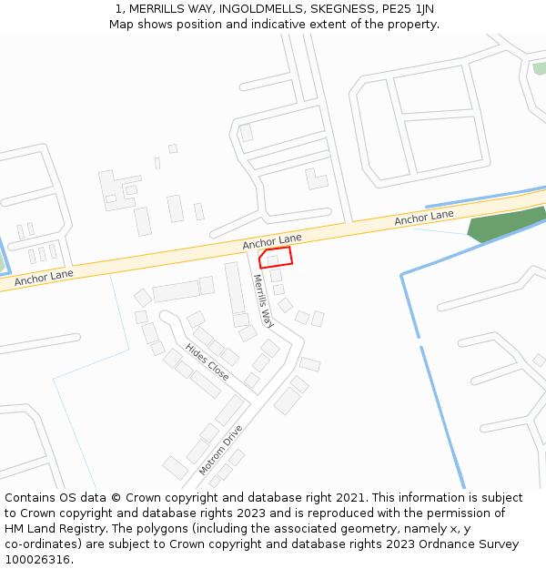 1, MERRILLS WAY, INGOLDMELLS, SKEGNESS, PE25 1JN: Location map and indicative extent of plot