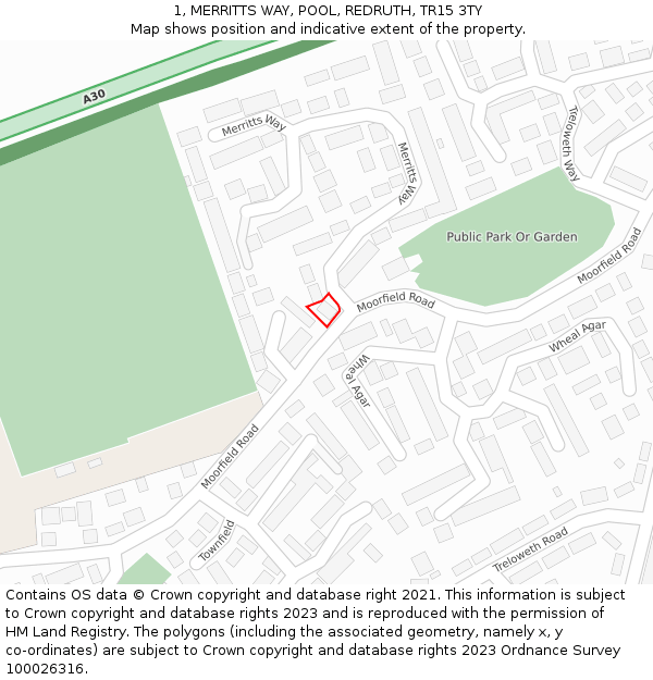 1, MERRITTS WAY, POOL, REDRUTH, TR15 3TY: Location map and indicative extent of plot