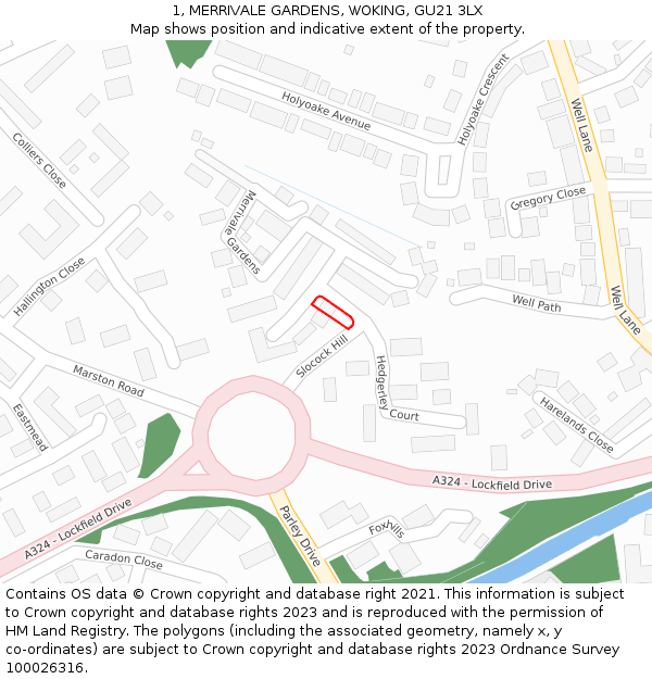 1, MERRIVALE GARDENS, WOKING, GU21 3LX: Location map and indicative extent of plot