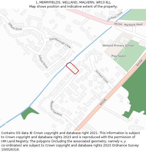 1, MERRYFIELDS, WELLAND, MALVERN, WR13 6LL: Location map and indicative extent of plot