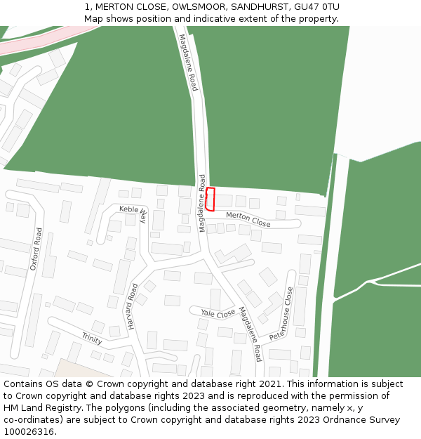 1, MERTON CLOSE, OWLSMOOR, SANDHURST, GU47 0TU: Location map and indicative extent of plot