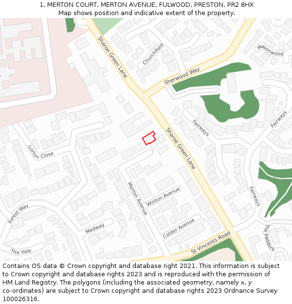 1, MERTON COURT, MERTON AVENUE, FULWOOD, PRESTON, PR2 8HX: Location map and indicative extent of plot