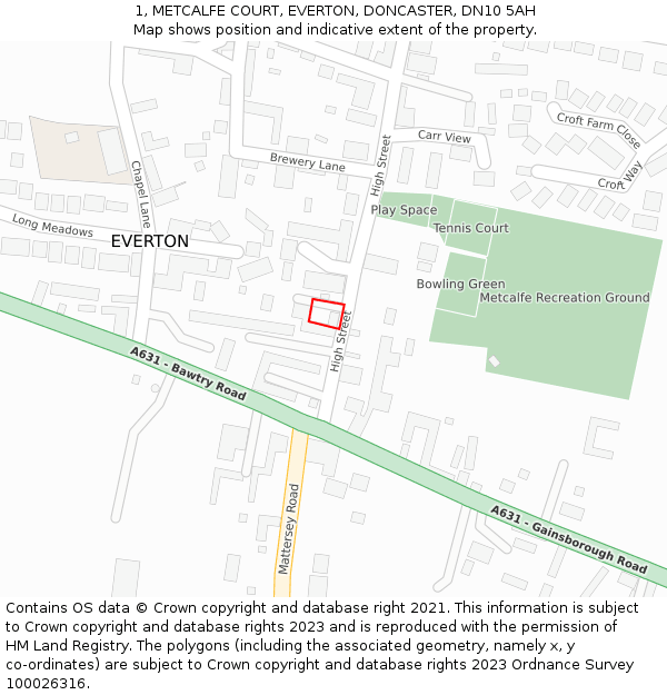 1, METCALFE COURT, EVERTON, DONCASTER, DN10 5AH: Location map and indicative extent of plot