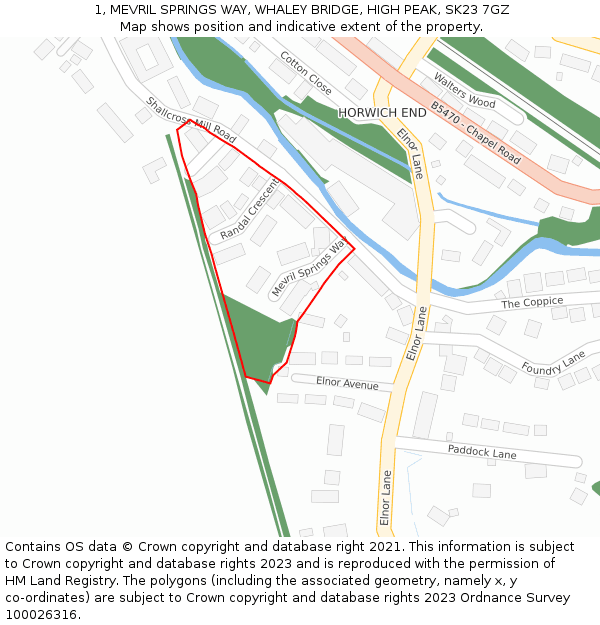 1, MEVRIL SPRINGS WAY, WHALEY BRIDGE, HIGH PEAK, SK23 7GZ: Location map and indicative extent of plot