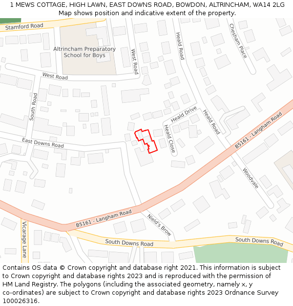 1 MEWS COTTAGE, HIGH LAWN, EAST DOWNS ROAD, BOWDON, ALTRINCHAM, WA14 2LG: Location map and indicative extent of plot