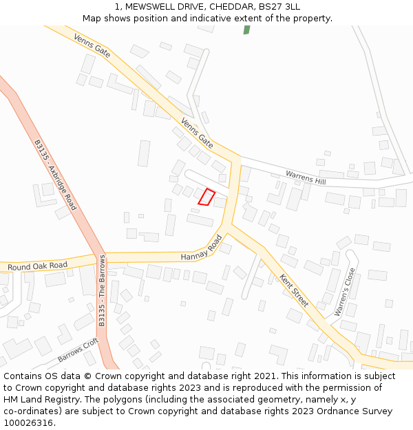 1, MEWSWELL DRIVE, CHEDDAR, BS27 3LL: Location map and indicative extent of plot