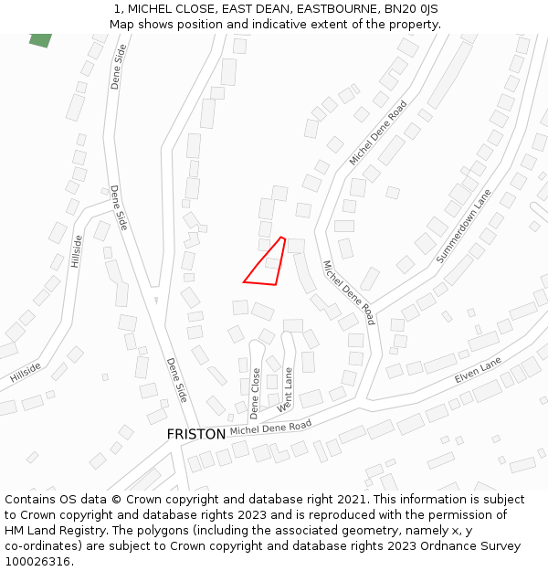 1, MICHEL CLOSE, EAST DEAN, EASTBOURNE, BN20 0JS: Location map and indicative extent of plot
