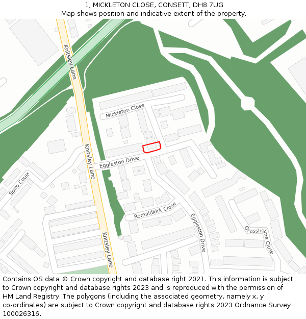 1, MICKLETON CLOSE, CONSETT, DH8 7UG: Location map and indicative extent of plot