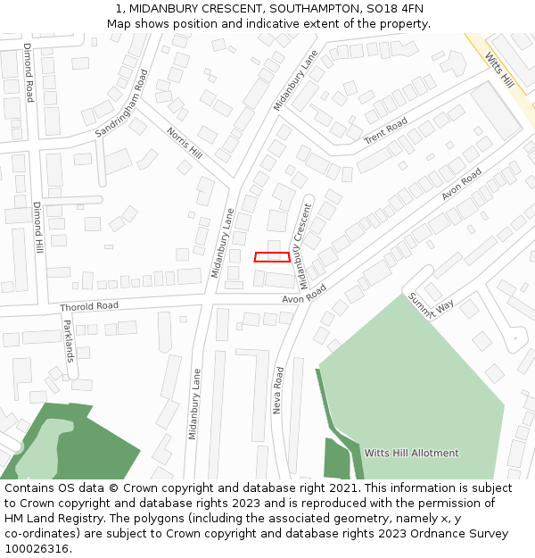 1, MIDANBURY CRESCENT, SOUTHAMPTON, SO18 4FN: Location map and indicative extent of plot