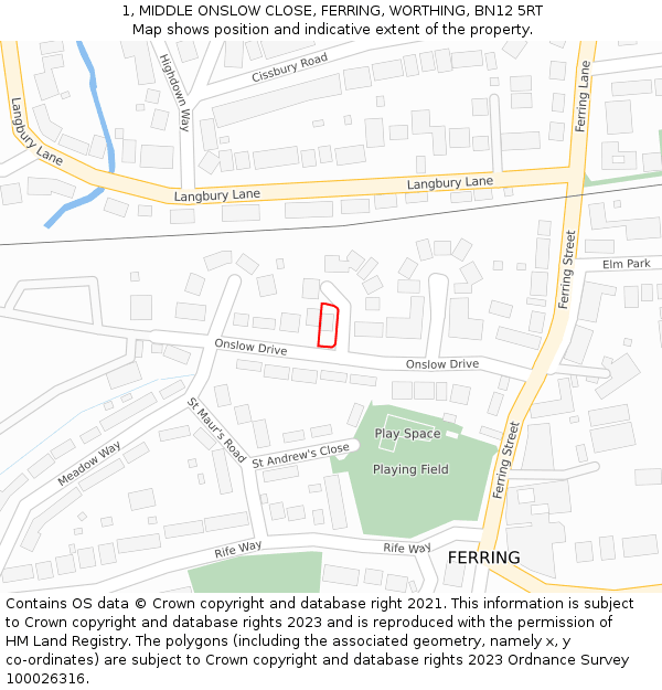 1, MIDDLE ONSLOW CLOSE, FERRING, WORTHING, BN12 5RT: Location map and indicative extent of plot