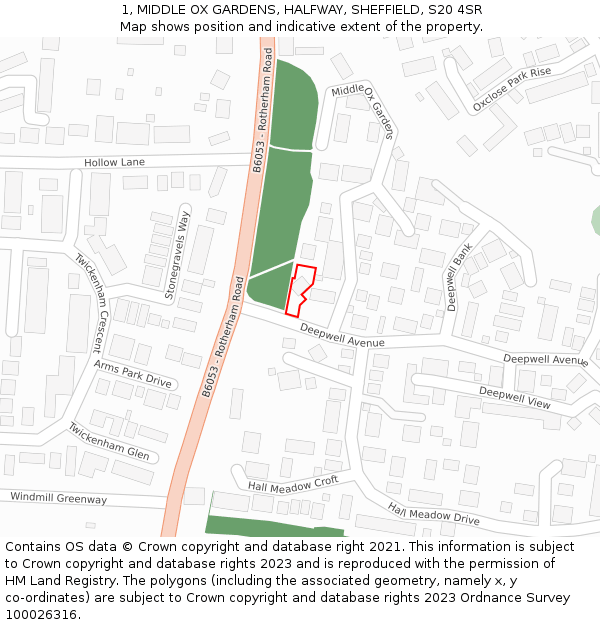 1, MIDDLE OX GARDENS, HALFWAY, SHEFFIELD, S20 4SR: Location map and indicative extent of plot